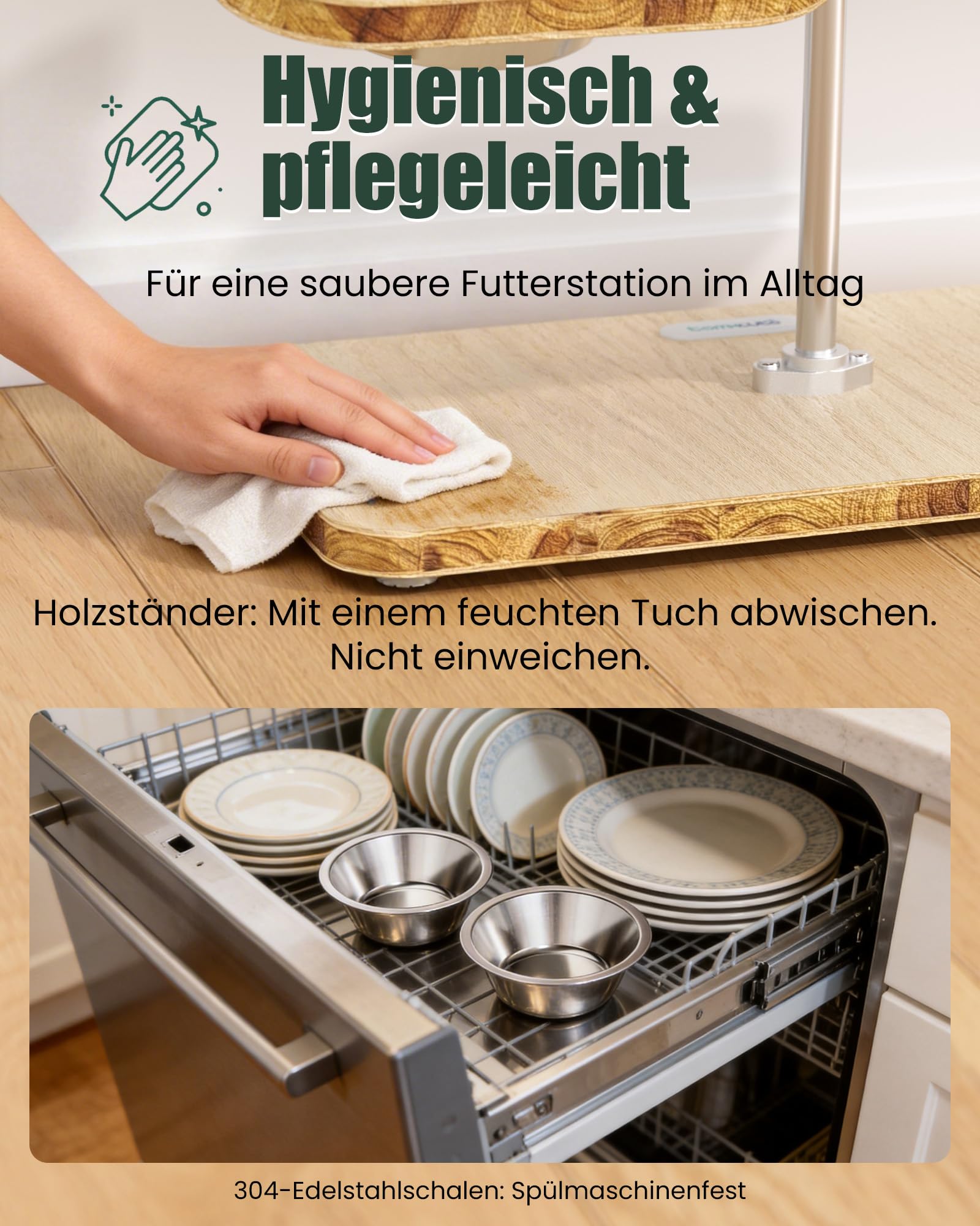 TOMXCUTE Katzennapf Erhöht aus Holz mit Edelstahlschüsseln | Individuell neigbare Näpfe, FSC-zertifiziertes Massivholz und 304 Edelstahl für ergonomisches Fressen und einfache Reinigung.
