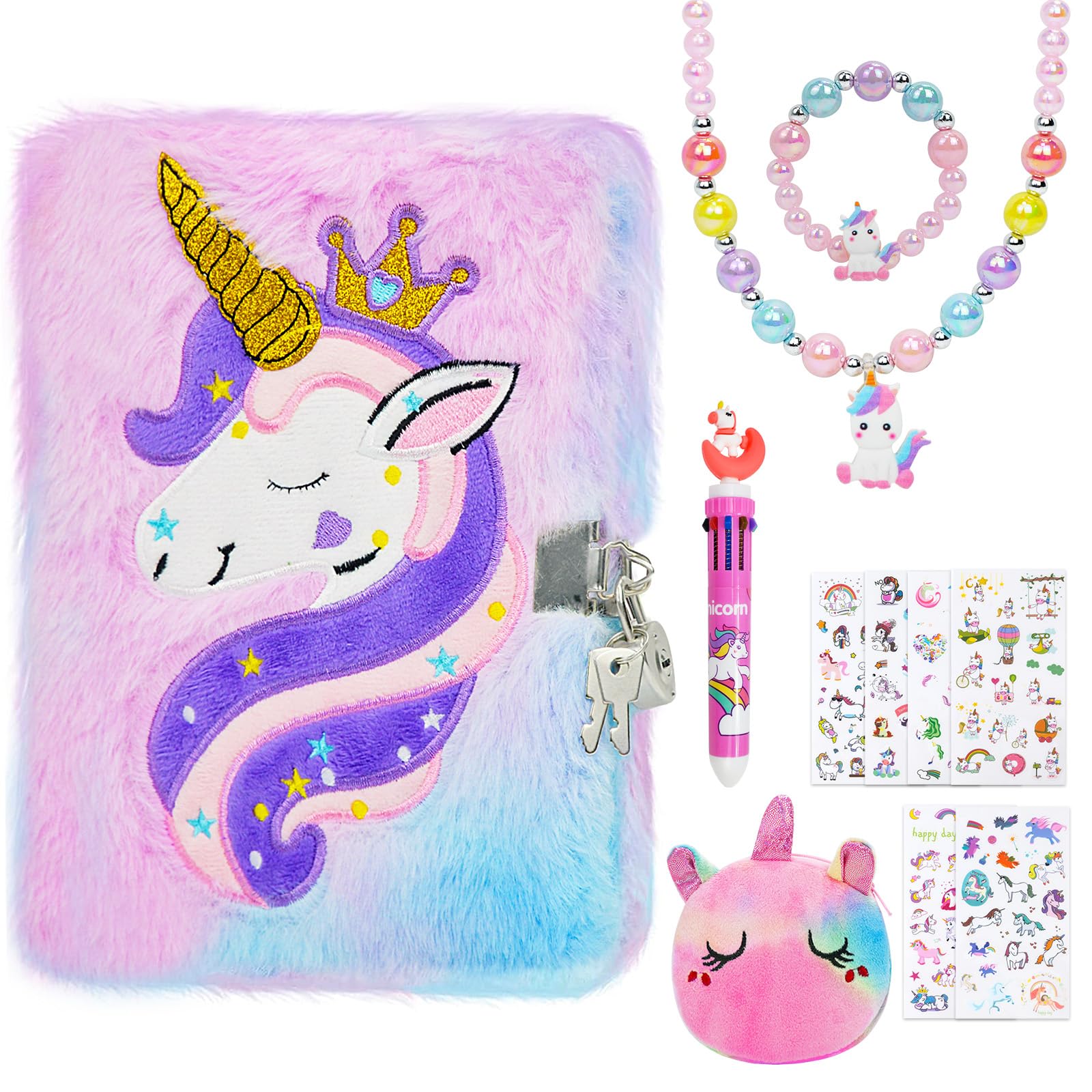 Unicorn Diary with Lock, Gift for Ages 6 7 8 9 Year Old Girl Gifts, Journal Notebook Set with Purse, Necklace, Bracelet, Multicolored Pen, Sticker, Cute Plush Secret Diary for Kids