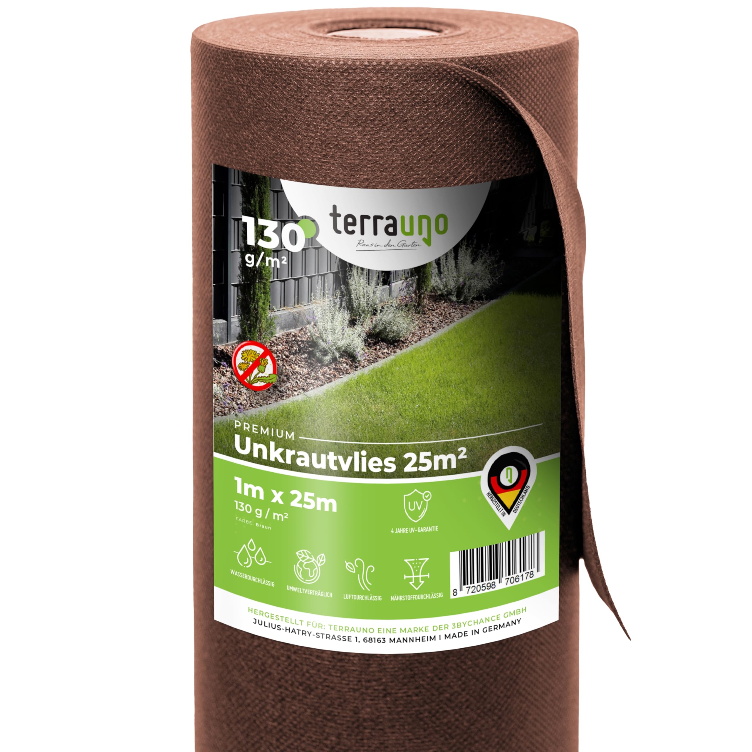 TerraUno – Premium Unkrautvlies Gartenvlies aus Polypropylen 130g/m² – Unkrautfolie Wasserdurchlässig 25m² – UV-beständig, reißfest & umweltfreundlich – Unkrautvlies wasserdurchlässig