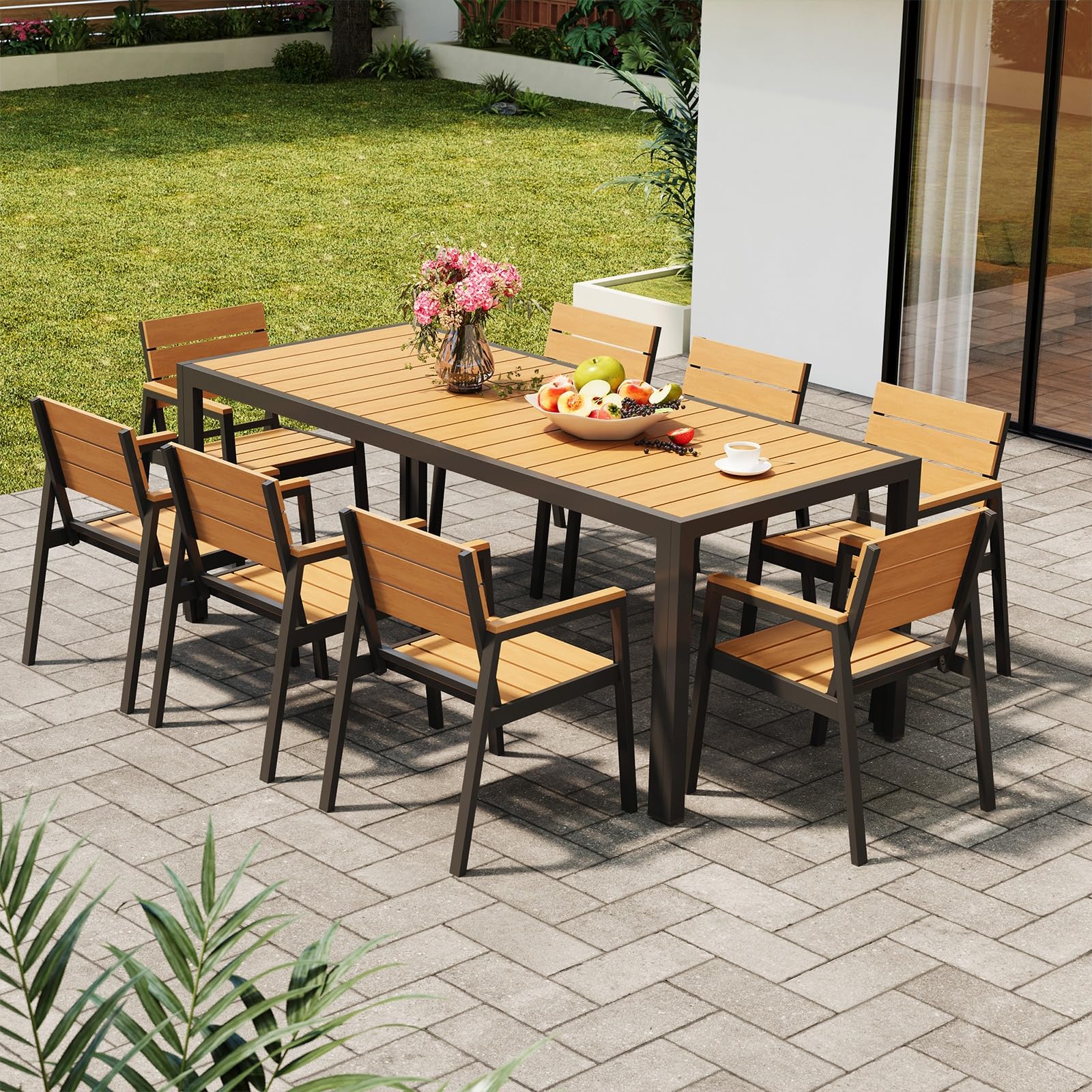 Devoko HDPS Set Tavolo e Sedie da Giardino 9 Pezzi Alluminio Finitura Vena di Legno 189 cm Naturale
