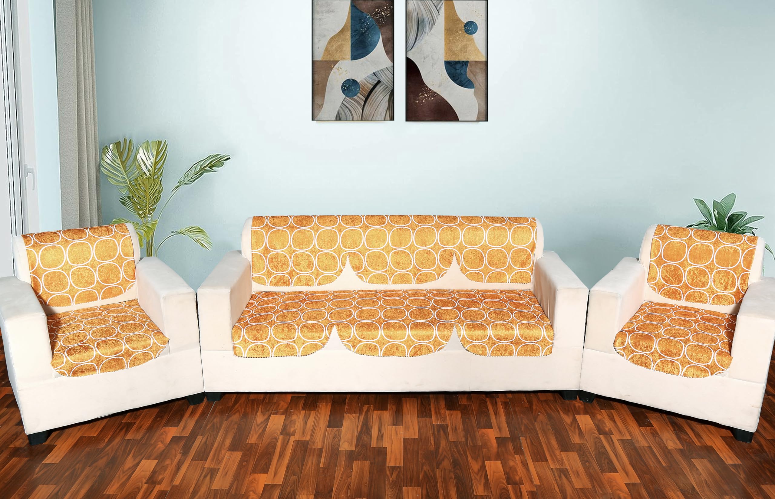 Floral Sofa Cover Set of 5 Seater | Slipcover for 3+1+1 Seater Sofa Panel Cover, Easily Machine Washable Sofa Seat Runner for Couch | 10 Piece, Mustard Yellow-image-49