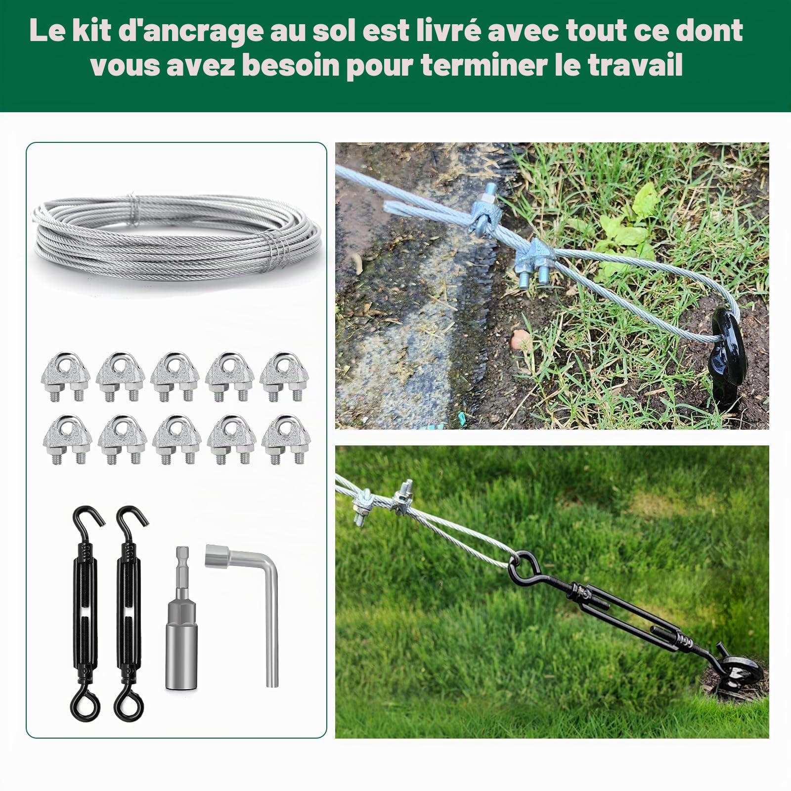 Kit d’Ancrage au Sol 45cm avec 15M Câble Acier & Tendeurs, Lot de 4 Robustes Ancrages de Terre, Kit d’Haubanage Extérieur Contre Le Vent pour Abri de Jardin et Serre, Trampoline, Tonnelle, Tente