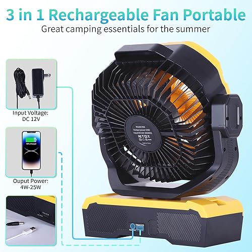 Miniatura 8 de Ventilador de campamento de 20000 mAh recargable con batería para exteriores, ventilador de tienda de campaña con luz y gancho, velocidades de