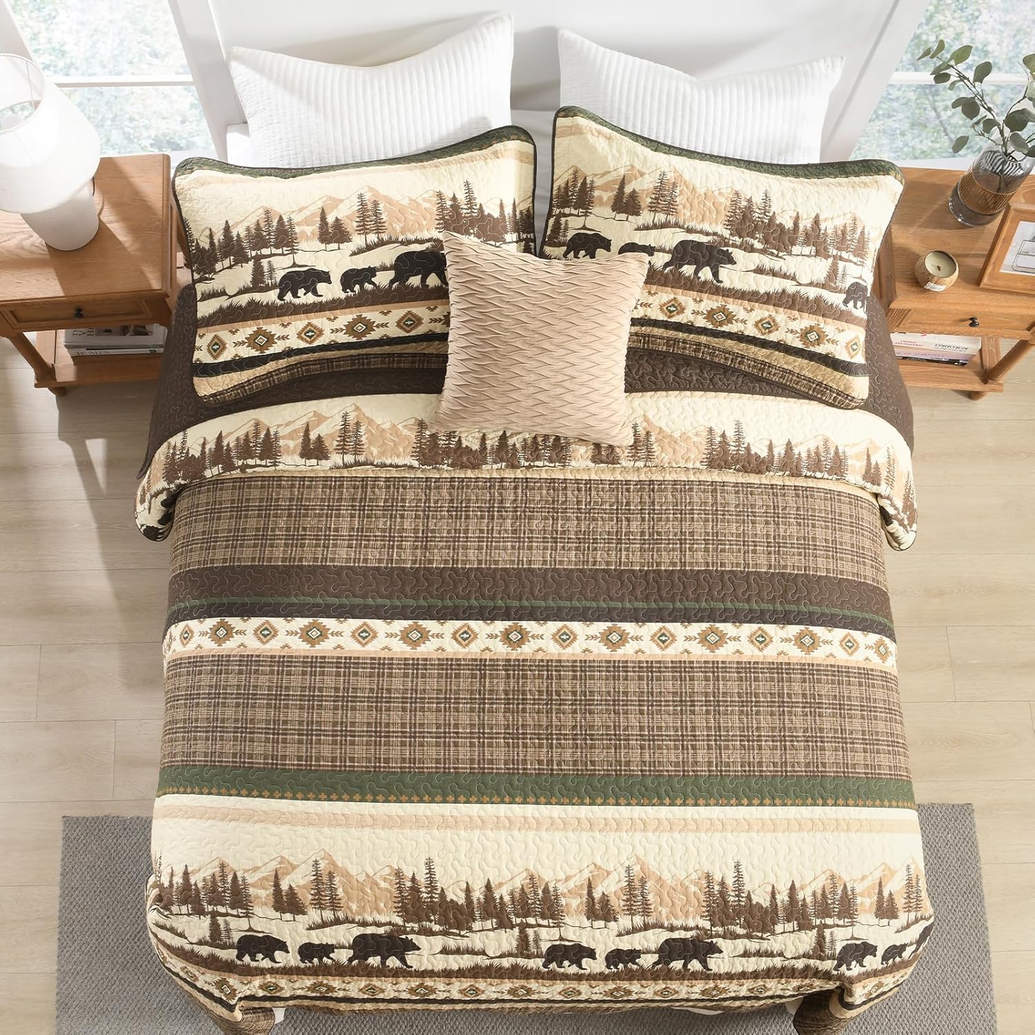 Cabin King Quilt Set, 100% Cotton Farmhouse Quilted Bedspreads, Bear Forest Tree Striped Lightweight Comforter, Reversible Bedding Set, 3 Pieces, Brown/Beige/Green - Image 9
