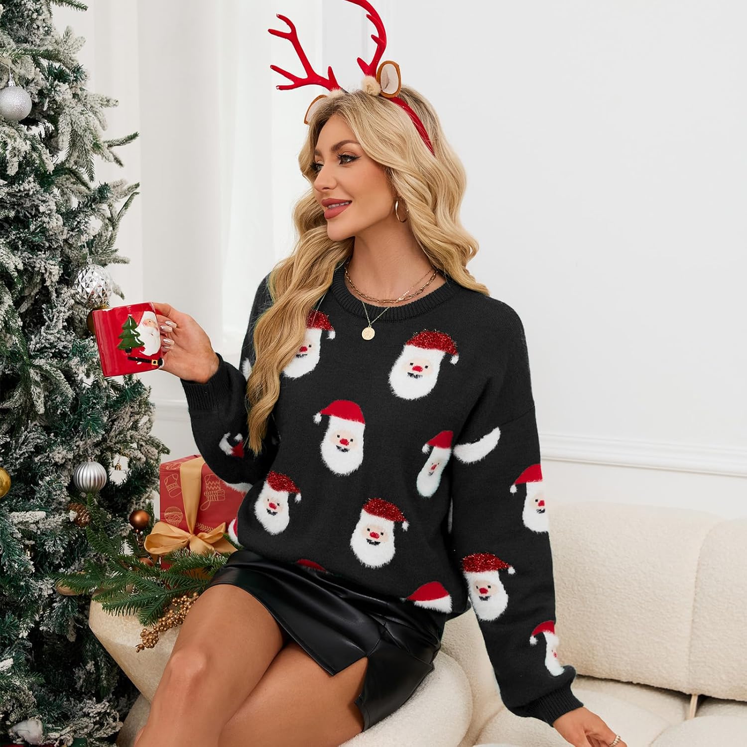 Ugly Christmas Sweater for Women Funny Santa Long Sleeve Knitted Xmas Pullover Cute Wintertime Holiday Parties Tops - Image 5