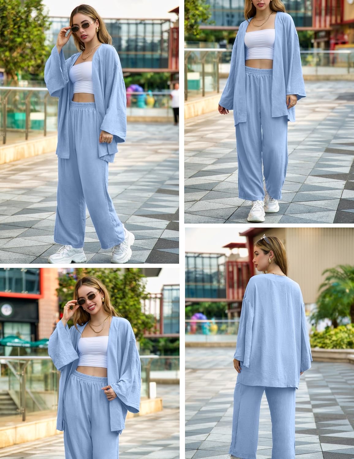 ZAFUL Women'S 2 Piece Linen Long Sleeve Kimonos Cardigan Sets Wide Leg Pants Outfits Suits - Image 7
