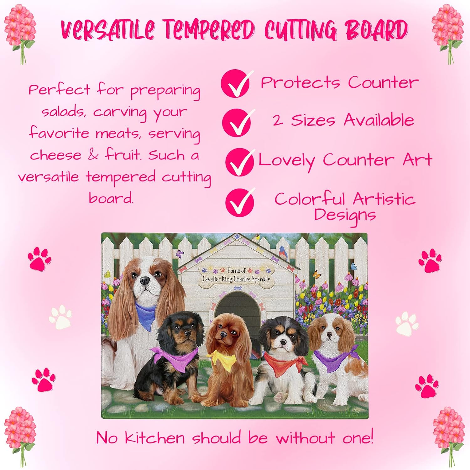Spring Dog House Cavalier King Charles Spaniel Dogs Cutting Board For Kitchen - Scratch & Stain Resistant - Designed To Stay In Place - Perfect for Chopping Meats, Vegetables - 16" x 12"