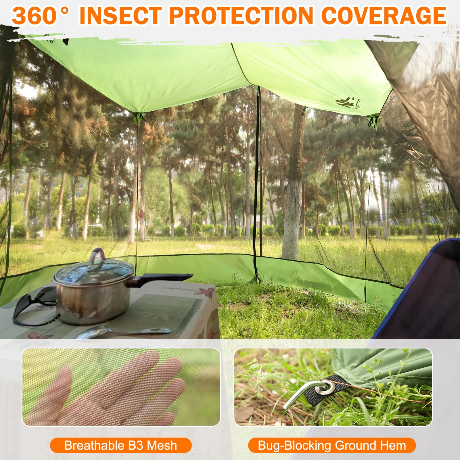 Bâche imperméable avec moustiquaire et barres, 3 x 5 m, ultra légère avec fermeture éclair, sardines, cordes de serrage pour hamacs, jardin, parc, terrasse, pic
