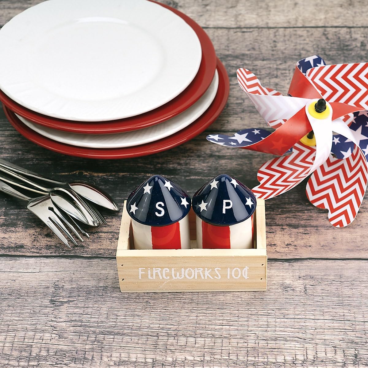 Fireworks Salt & Pepper Shakers Set with Crate, Ceramic 3.5 Inches Tall, Patriotic Fourth of July, Table Décor by Lillian Vernon