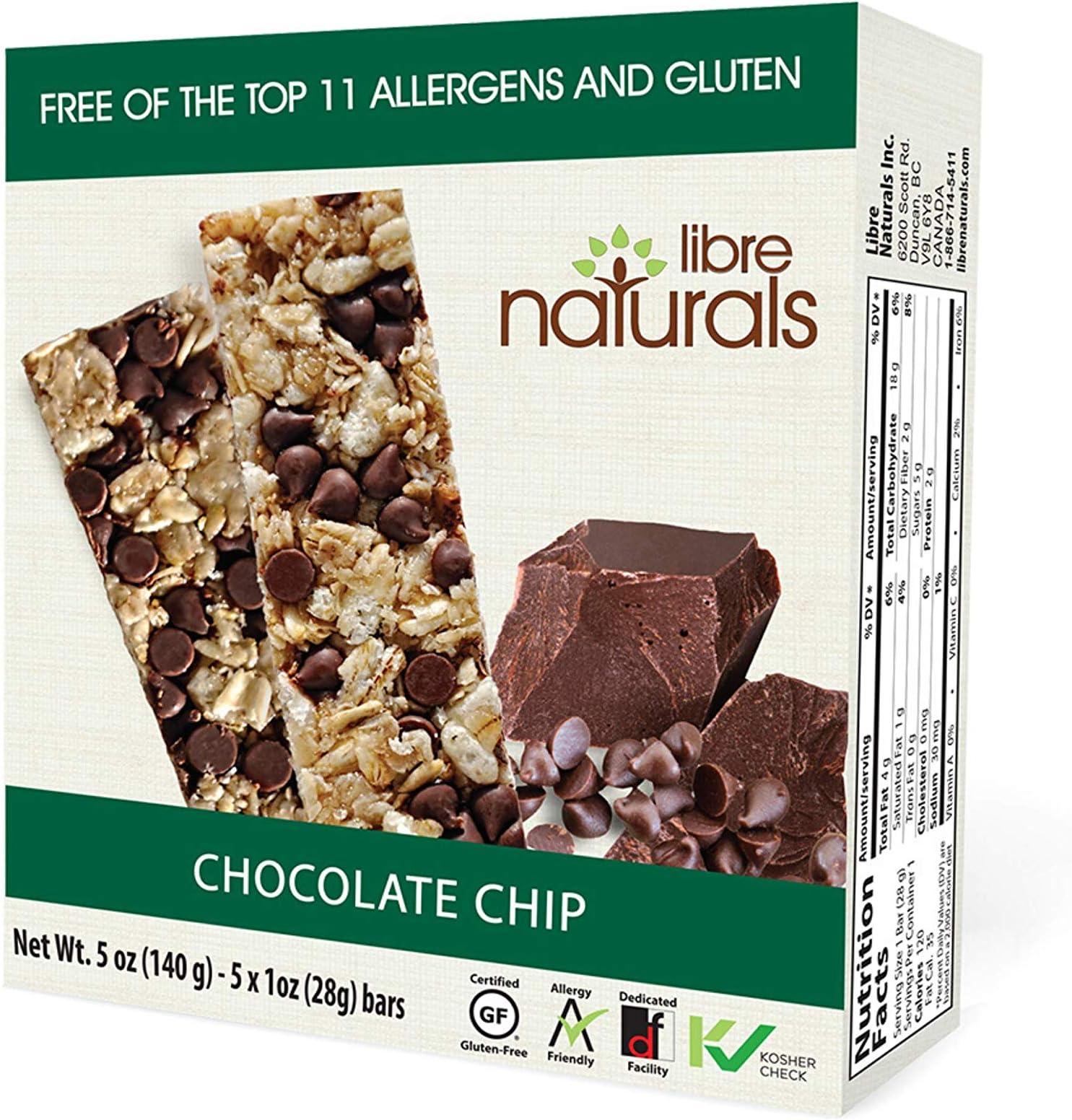 Libre Naturals Chocolate Chip Chewy Granola Bars - Vegan, Gluten-Free, Kosher, Nut-Free, Non-GMO, Dairy-Free, No Artificial Flavors & Allergy Friendly (1 oz bars, 30 bar pack)