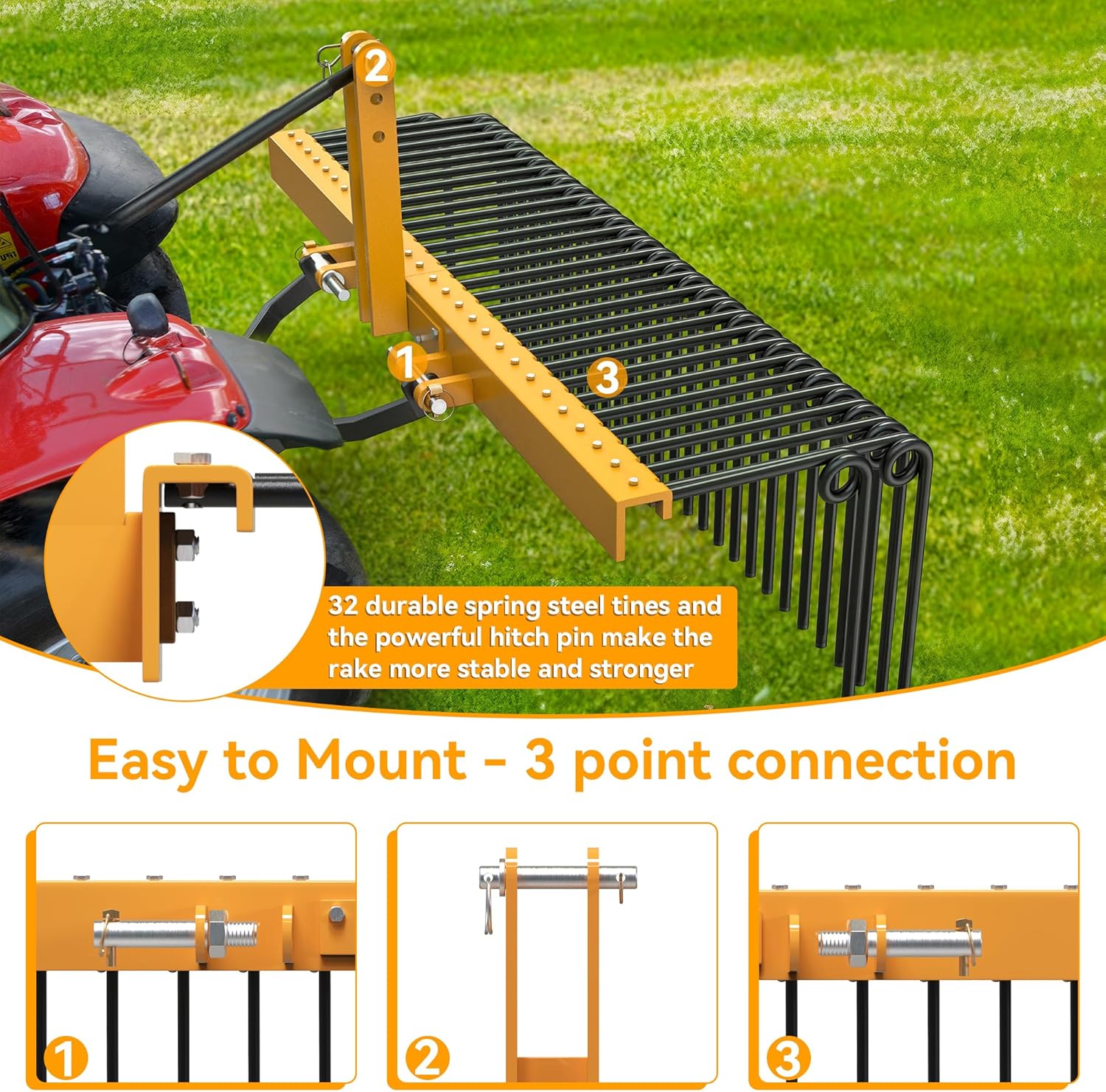 YINTATECH 72" Steel Pine Straw Rake 32 Durable Springs Landscape Tractor Rake Attachments Powder Coated 3 Point Quick Hitch for Tractor Cat1 to Collect Leaves,Pine Needle for Driveway,Garden,Yard,Lawn