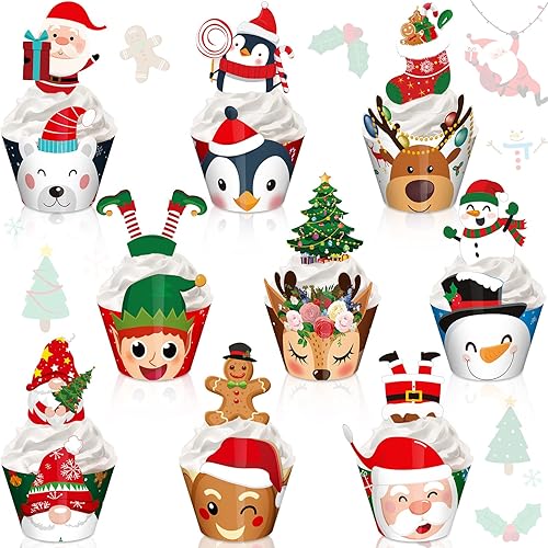 108 piezas de decoración de cupcakes de Navidad, muñeco de nieve, Papá Noel, reno, elfo, pingüino, pan de jengibre, árbol de Navidad, decoración de