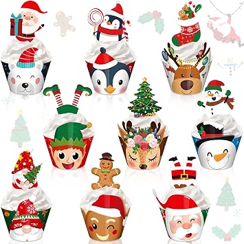 108 Pcs Christmas Cupcake Toppers Wrapper Xmas Cake Decorations