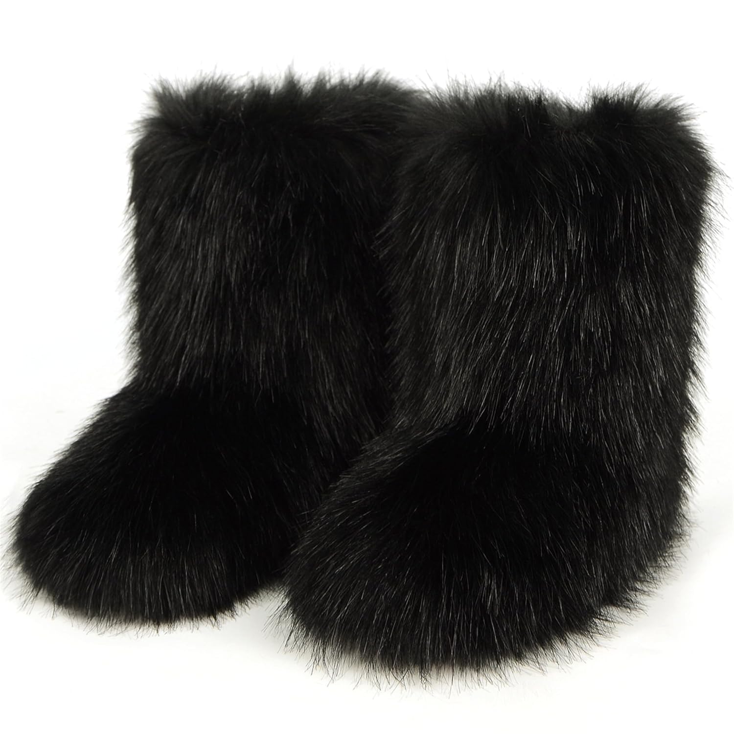 Furry Faux Fur Boots for Women Winter Fuzzy Fluffy Snow Boots for Girls Fur Lined Mid Calf Black