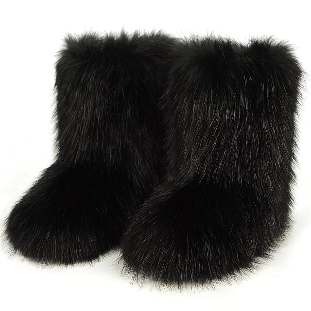 Furry Faux Fur Boots for Women Winter Fuzzy Fluffy Snow Boots for Girls Fur Lined Mid Calf Black