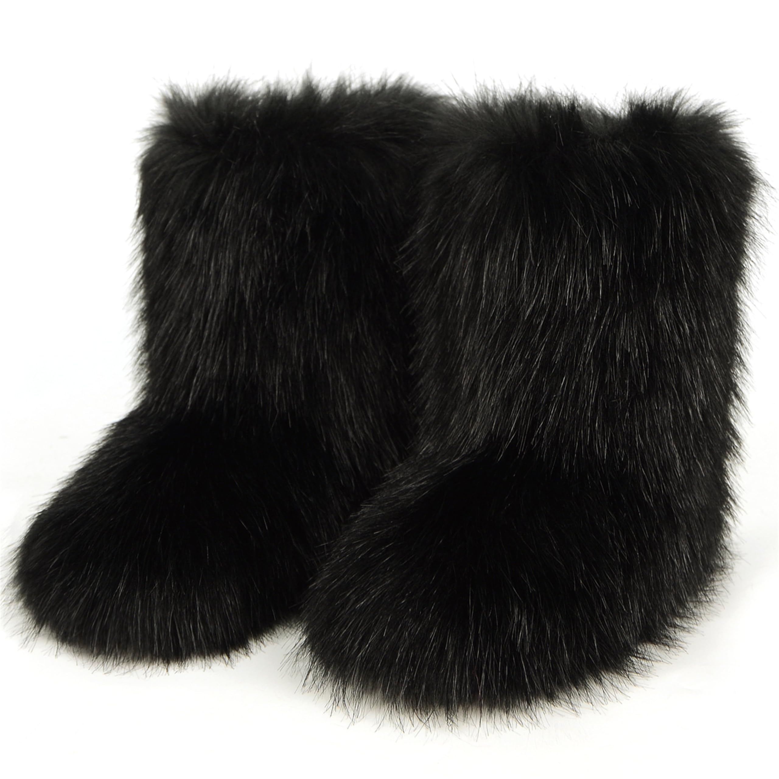 Furry Faux Fur Boots for Women Winter Fuzzy Fluffy Snow Boots for Girls Fur Lined Mid Calf Black