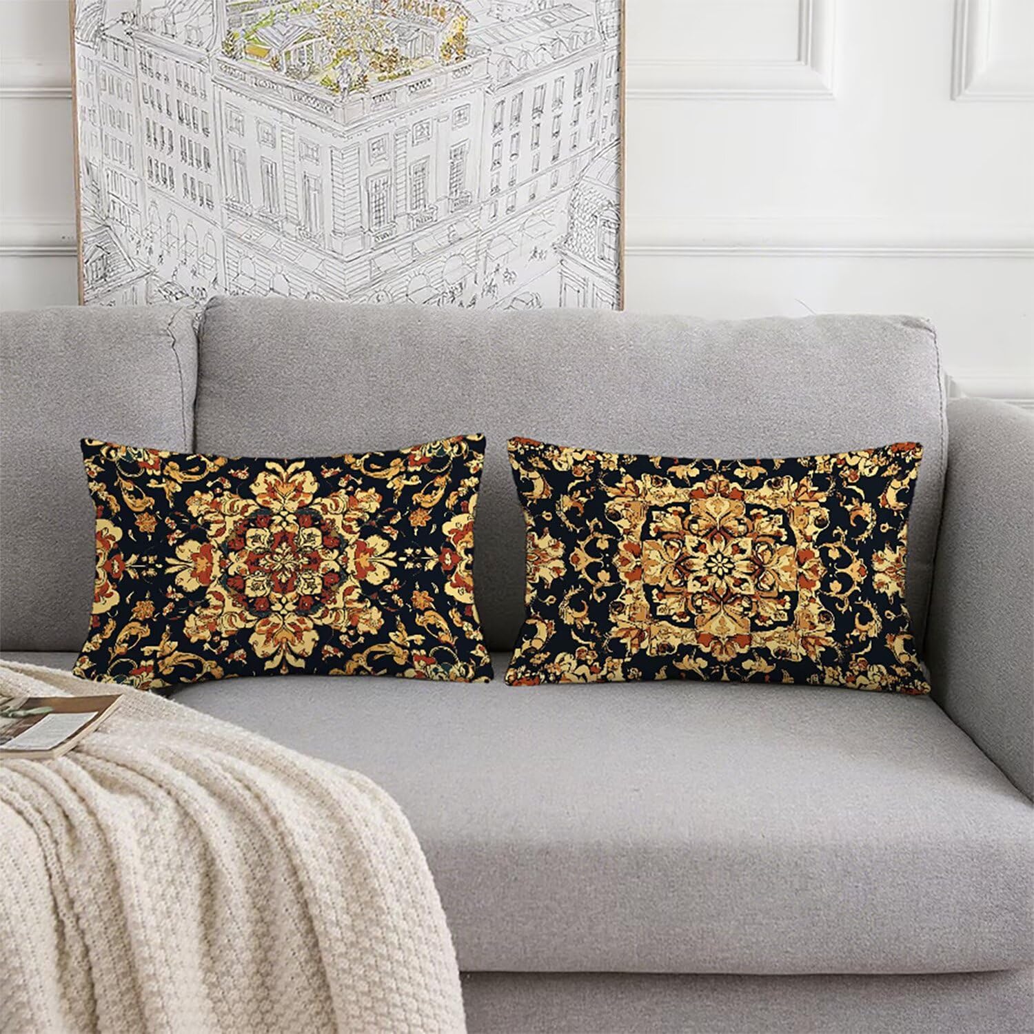 Mandala Kissenbezug 70 x 90 Leinen 2er Set, Wasserdichter Kissenbezug Böhmen Kissenbezüge 70x90 Outdoor Wasserdichter, Flauschig Weich und Bügelfrei Pillow Cover, Deko für Wohnzimmer Sofa Bett K2-210