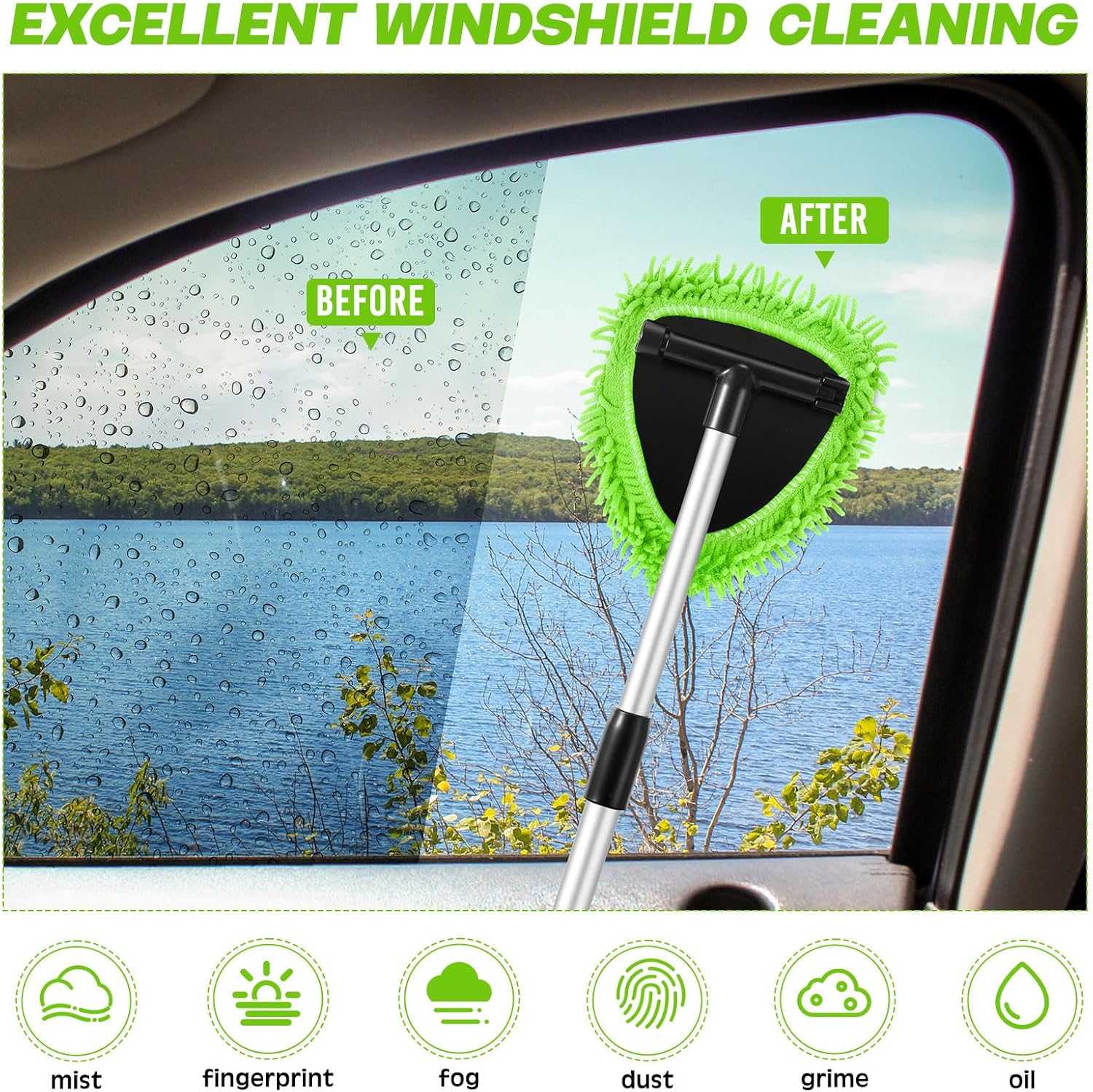 Baderke 9 Pcs Car Windshield Cleaner Tool Kit with with Extendable Handle, Microfiber Towel Pads, Sponge, Ventilation Brush, Empty Spray Bottle for Auto Glass Wiper Suvs Rvs & Home Windows(Green) - Image 6
