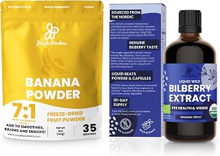 Jungle Powders Banana Powder 5oz Bag & Wild Bilberry Extract 3.4oz Bottle Bundle - Freeze Dried Banana Powder & Organic Bilberry Supplement for Smoothies, Baking, and Eye Health