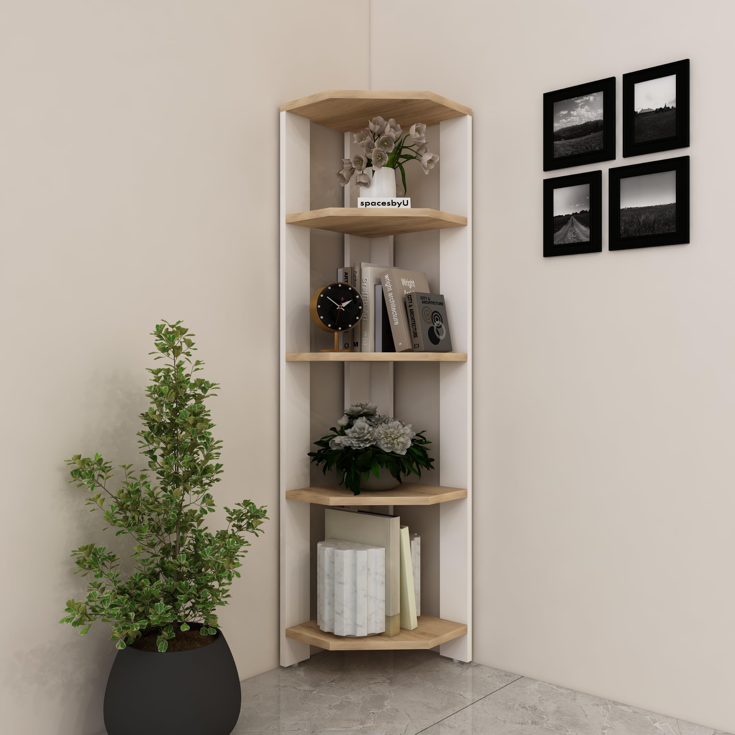 acora 5-tier wooden corner bookshelf | space-saving | modern dual-tone | vertical storage | premium engineered wood | color – frosty white & wood oak light | diy product (do it yourself |