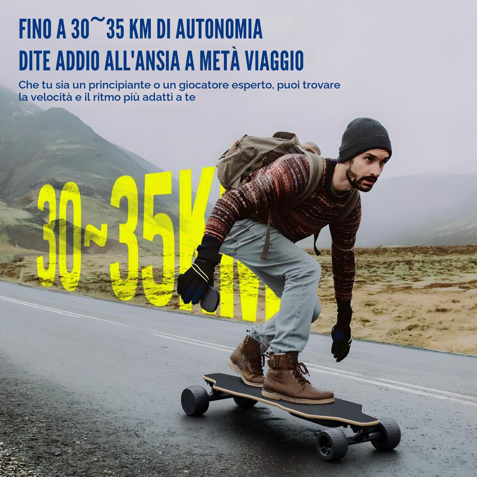 S3 Skateboard Elettrico per Adulti e Ragazzi, Motore da 1100 W, 45 km/h, Velocità Massima, Telecomando con OLED con Display