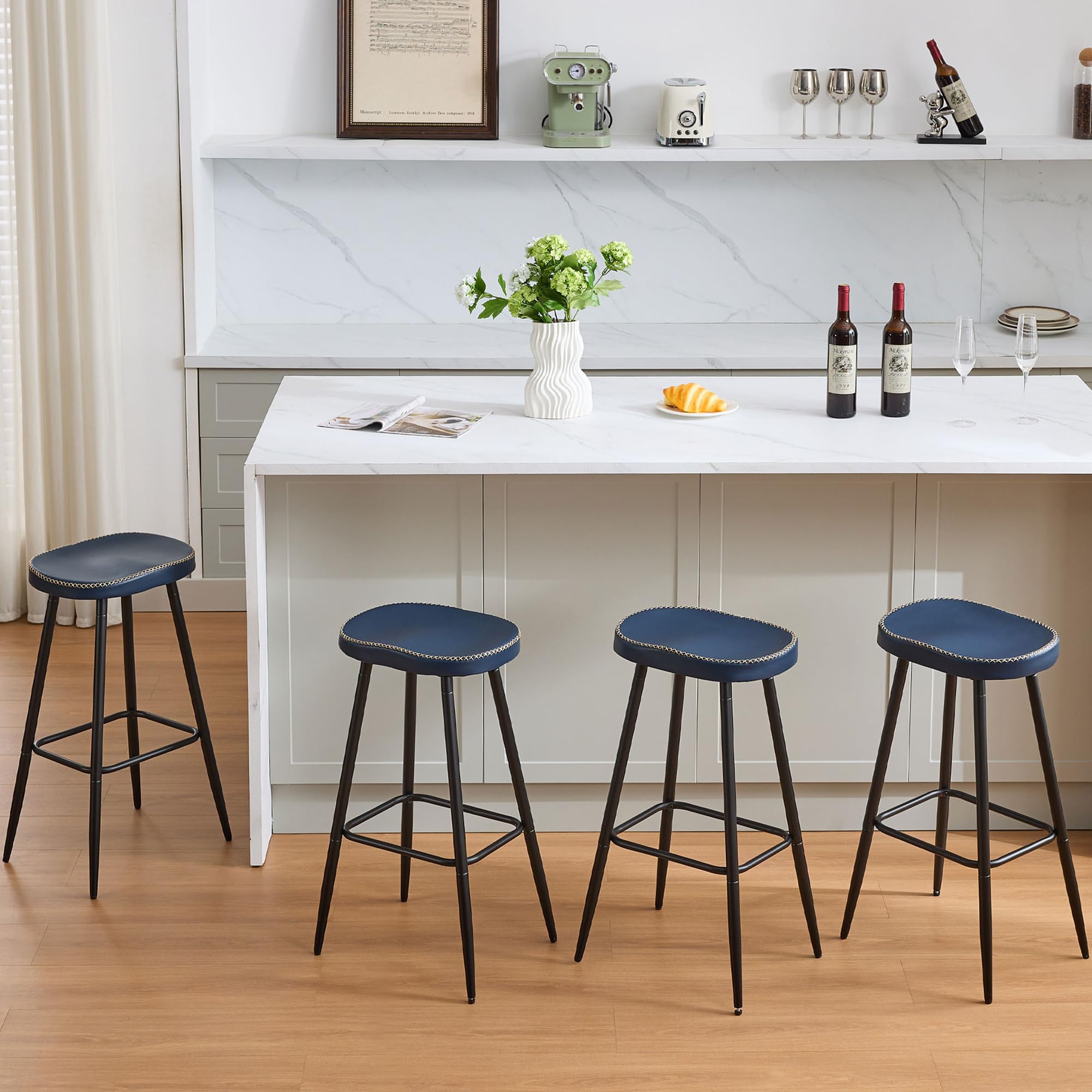 FIRAVOE Bar Stools Set of 4, Modern 28 inch Bar Height Stools, Faux Leather Backless Barstools for Kitchen Island (Navy Blue, 4 PCS 28'' Height)
