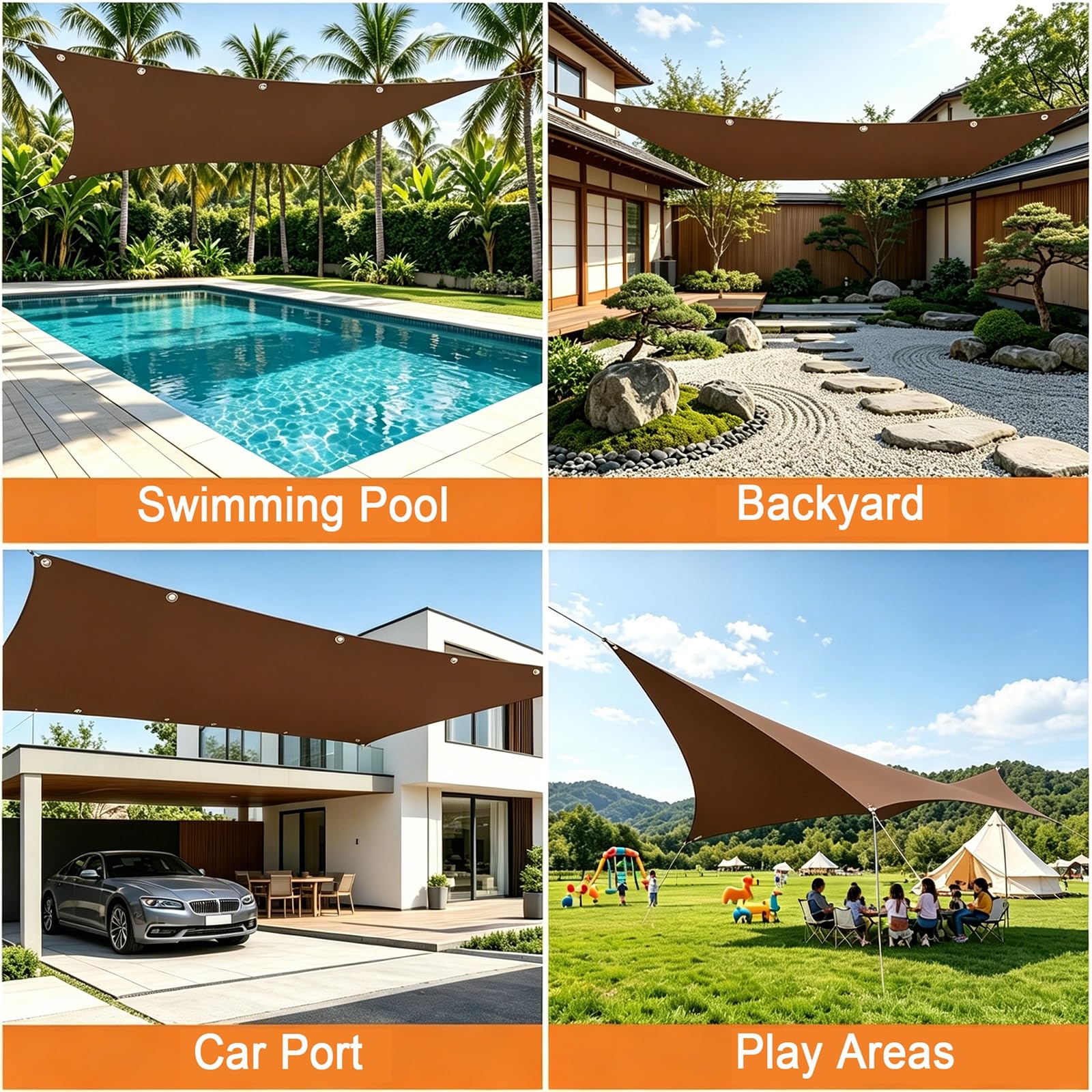 Voile d'ombrage Imperméable 130 x 540 cm 98% UV Protection PES Résistant à l'eau Rectangulaire Protection Solaire Durable Toile Ombrage Imperméable pour Patio Jardin, ‎Marron