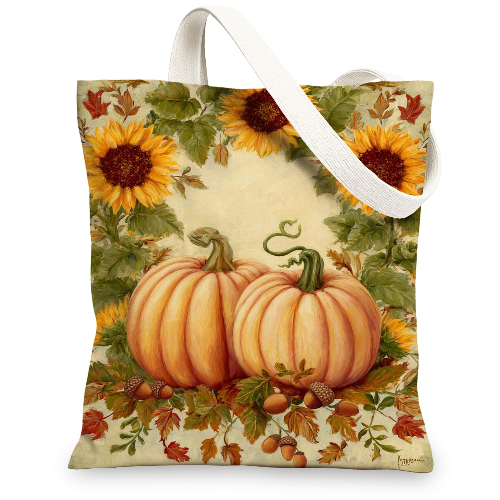 Pumpkin Canvas Tote Bags, Autumn Harvest Pattern Reusable Grocery Bags, Lightweight Washable Shoulder Strap Canvas Bags for, Orange, 13x15 Inch