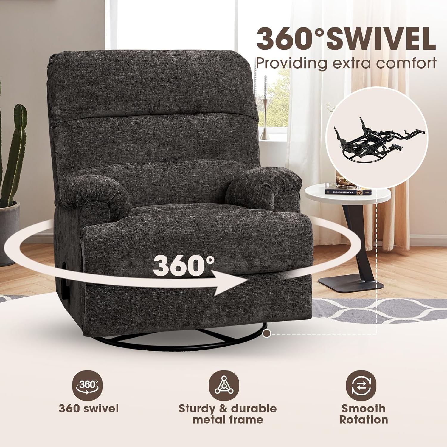 Couchus Large Swivel Rocker Recliner Chair, Glider Rocker Recliner, Lazy Recliner Chair with High Back, for Living Room (Dark Grey)