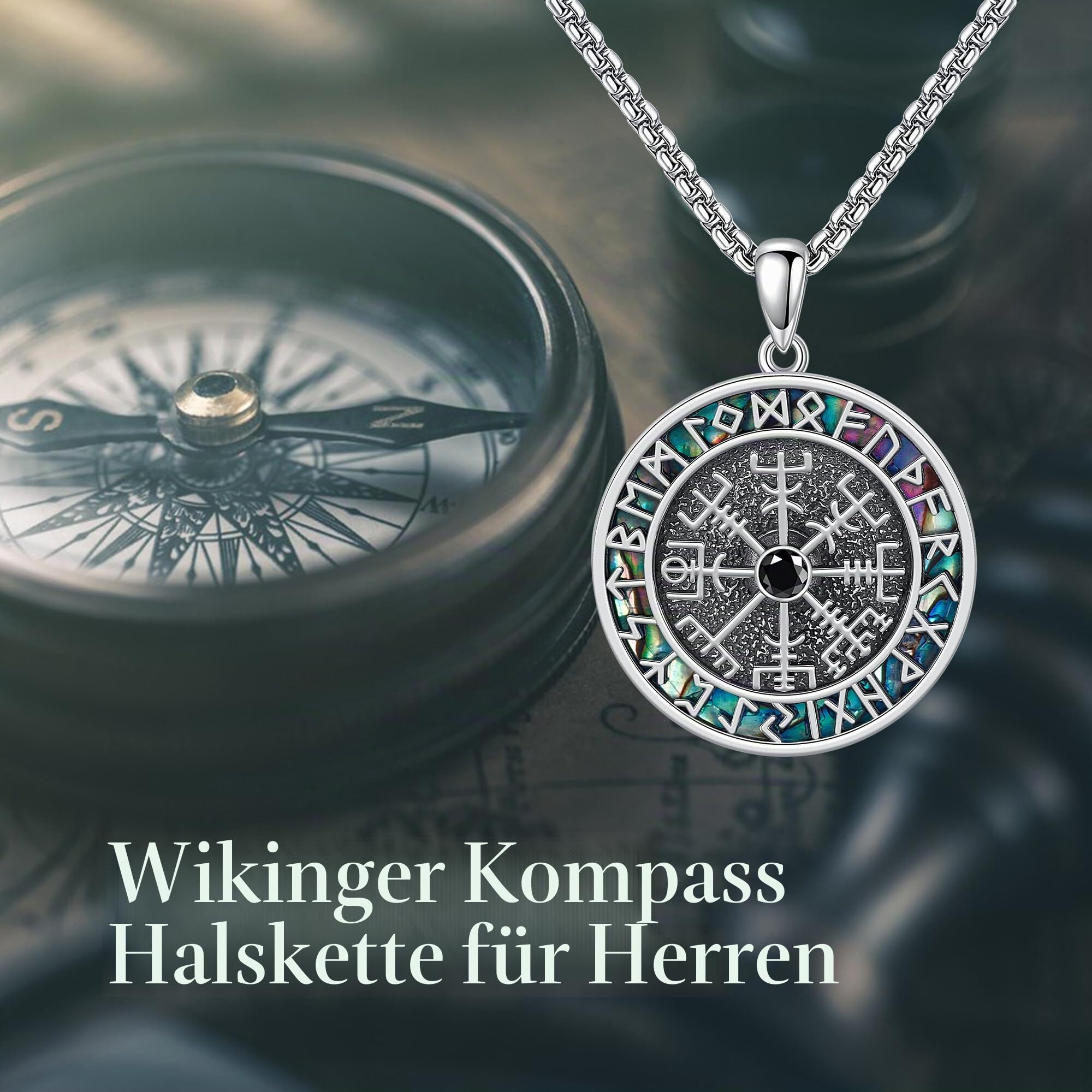 Fidget Wikinger Kompass Halskette Sterling Silber Vegvisir Runen Halskette Wikinger Schmuck Geschenk für Männer