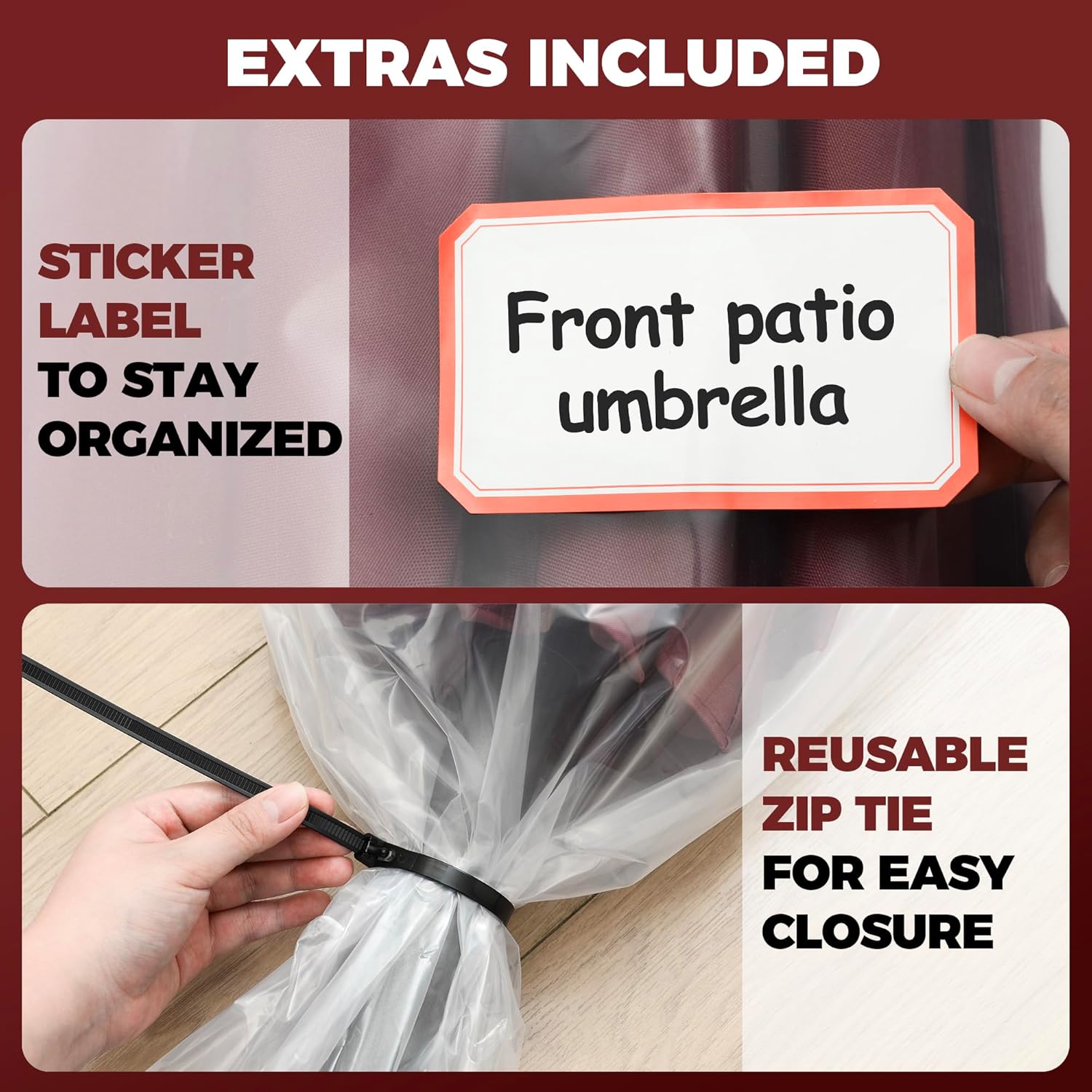 2-Pack Patio Umbrella Cover Bags - Clear Outdoor Patio Umbrella Covers Waterproof, Reusable Heavy-Duty 4-Mil Plastic – Includes Zip Ties & Labels, Bag Fits 5 to 11-Foot Diameter Umbrellas - Image 7