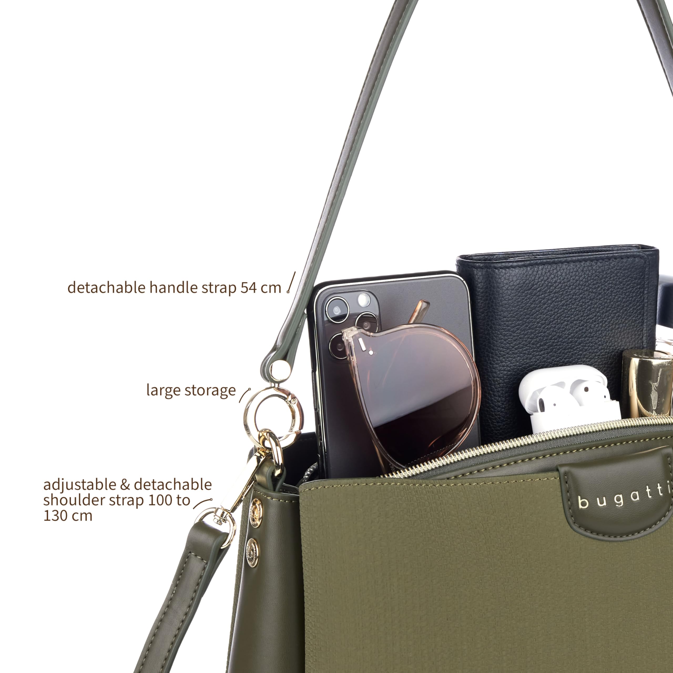 bugatti Leah Schultertasche M, Damen-Tasche aus Kunstleder mit zwei Schulterriemen