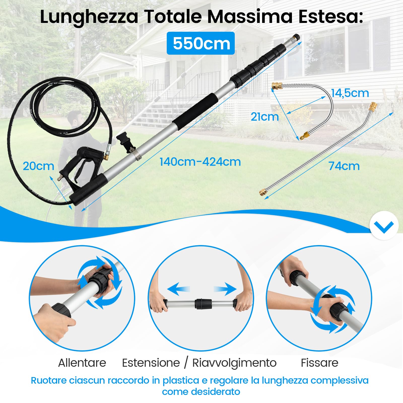 COSTWAY 550 cm Kit di Prolunga per Idropulitrici, Lancia Telescopica per Idropulitrice con 5 Ugelli 2 Adattatori Accoppiatore Girevole e Imbracatura di Supporto, 4000PSI