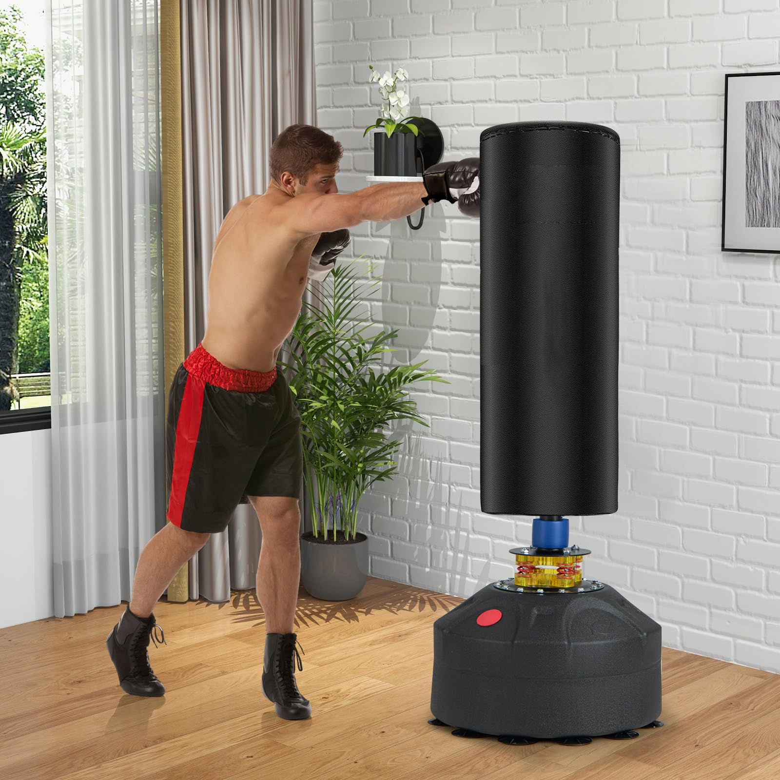 COSTWAY Sacco da Boxe 173 cm, Sacca da Boxe da Terra Autoportante e Pesante con Guantoni, Base a Ventosa, Costruzione a 5 Strati e Sistema Antivibrazioni per Adulti e Palestra Domestica