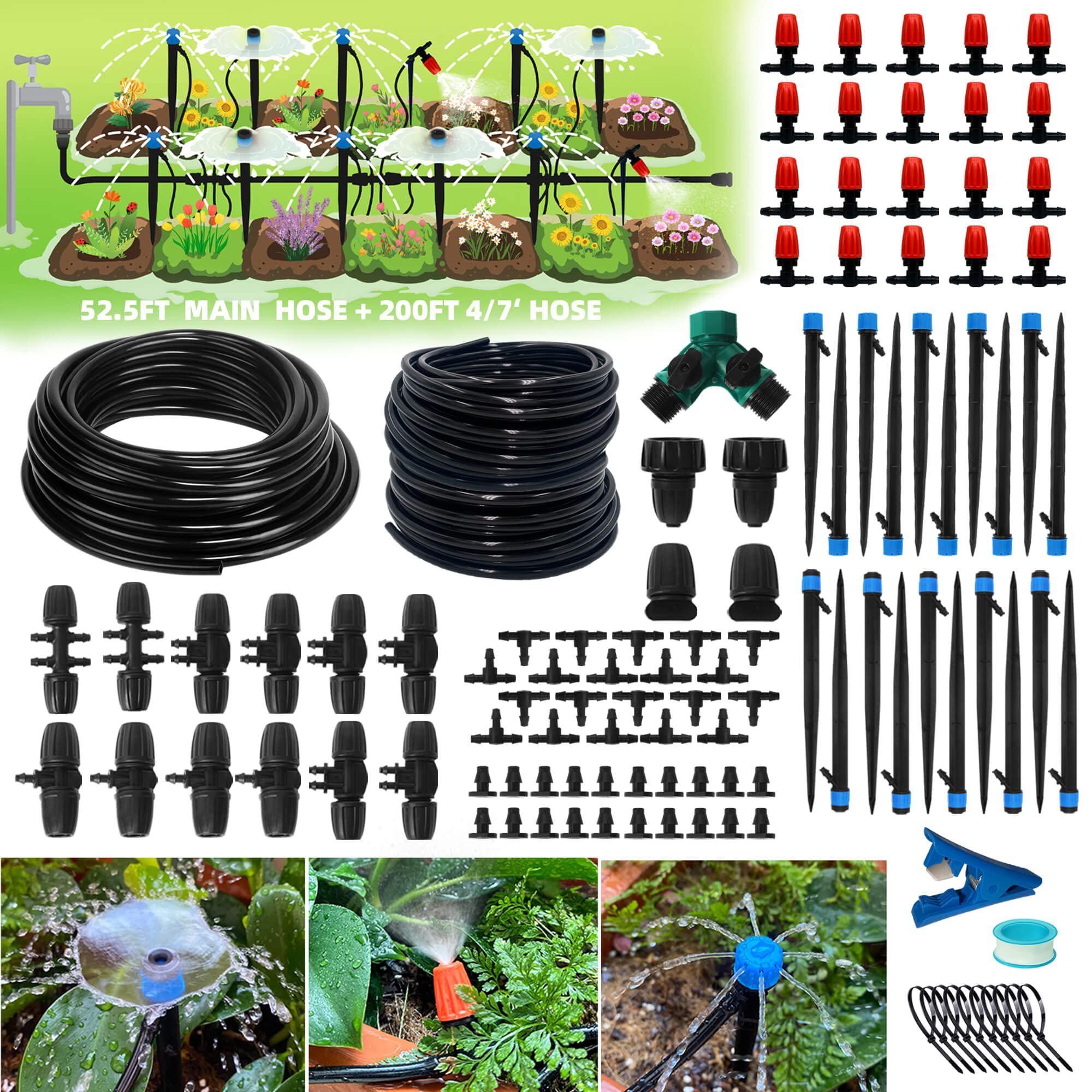 250 FT Drip Irrigation Kit, Greenhouse Micro System, Patio Misting Plant Watering System with 1/4''Tubing Hose and Adjustable Drip Connectors Nozzle Emitters, Complete Irrigation System