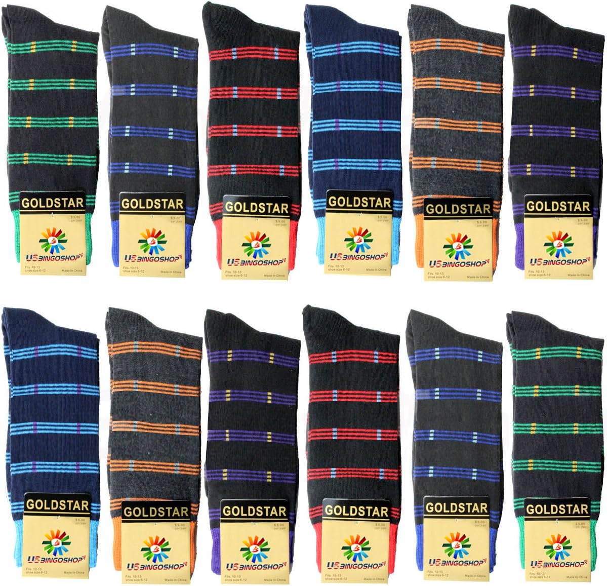 USBingoshop Mens Cotton Argyle Striped Solid Ribbed Black Crew Dress Socks