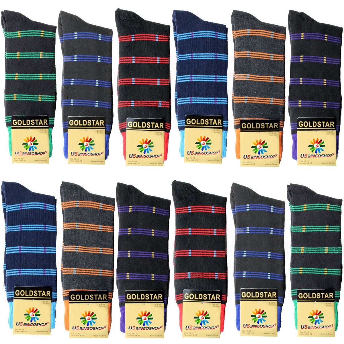 USBingoshop Mens Cotton Argyle Striped Solid Ribbed Black Crew Dress Socks