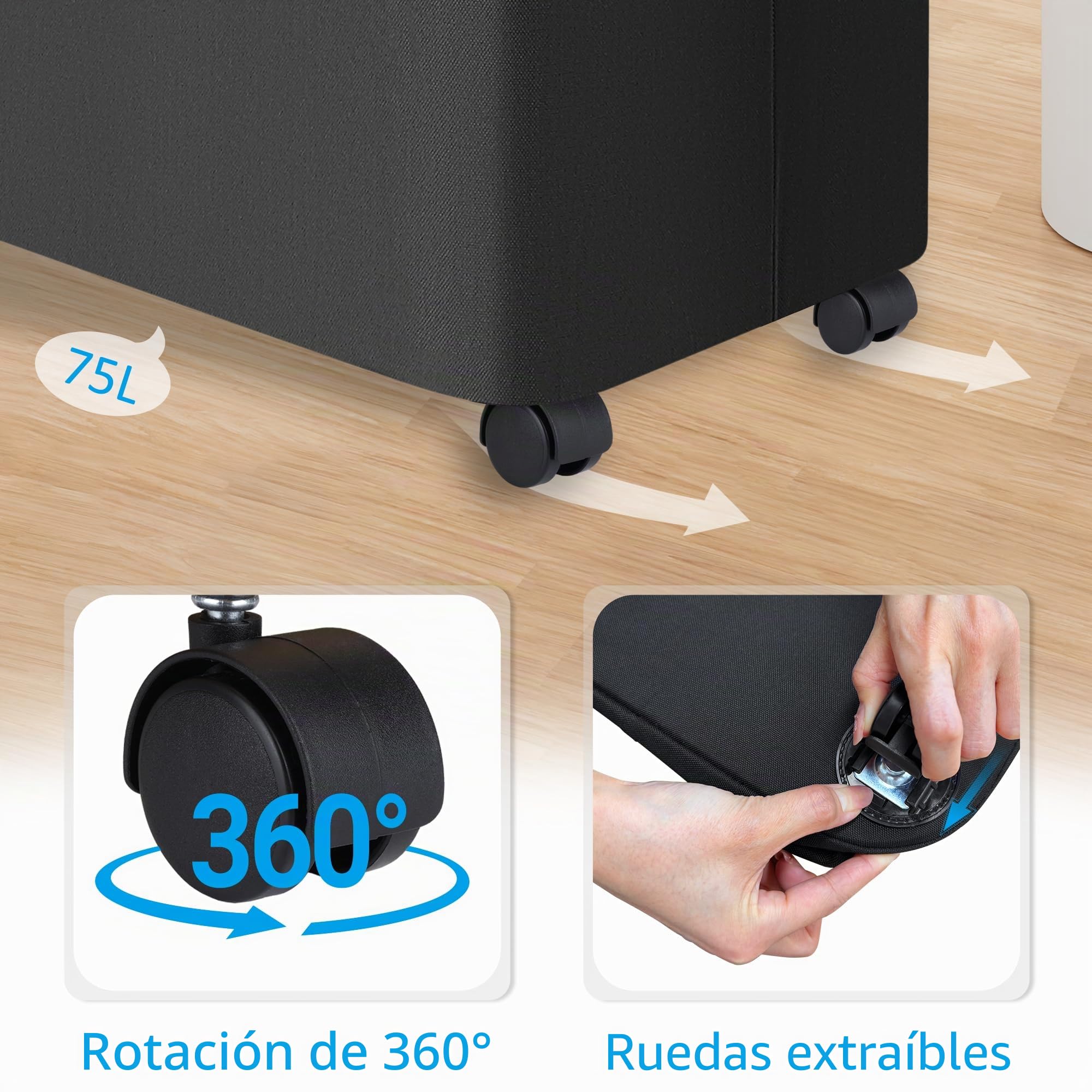 efluky Cesto de Ropa Sucia con Ruedas, Cesto de Ropa Sucia Plegable de 75L con Tapa, Cesta de Ropa Sucia Plegable con Asas de Bambú y Bolsa Extraíble para Dormitorio, Baño, Lavadero