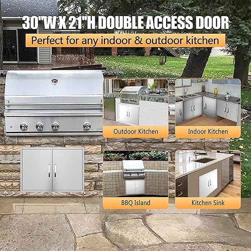 Miniatura 3 de KODOM Puertas de cocina al aire libre de 30 pulgadas de ancho x 21 pulgadas de alto, puertas de acceso dobles para barbacoa, puertas de acero