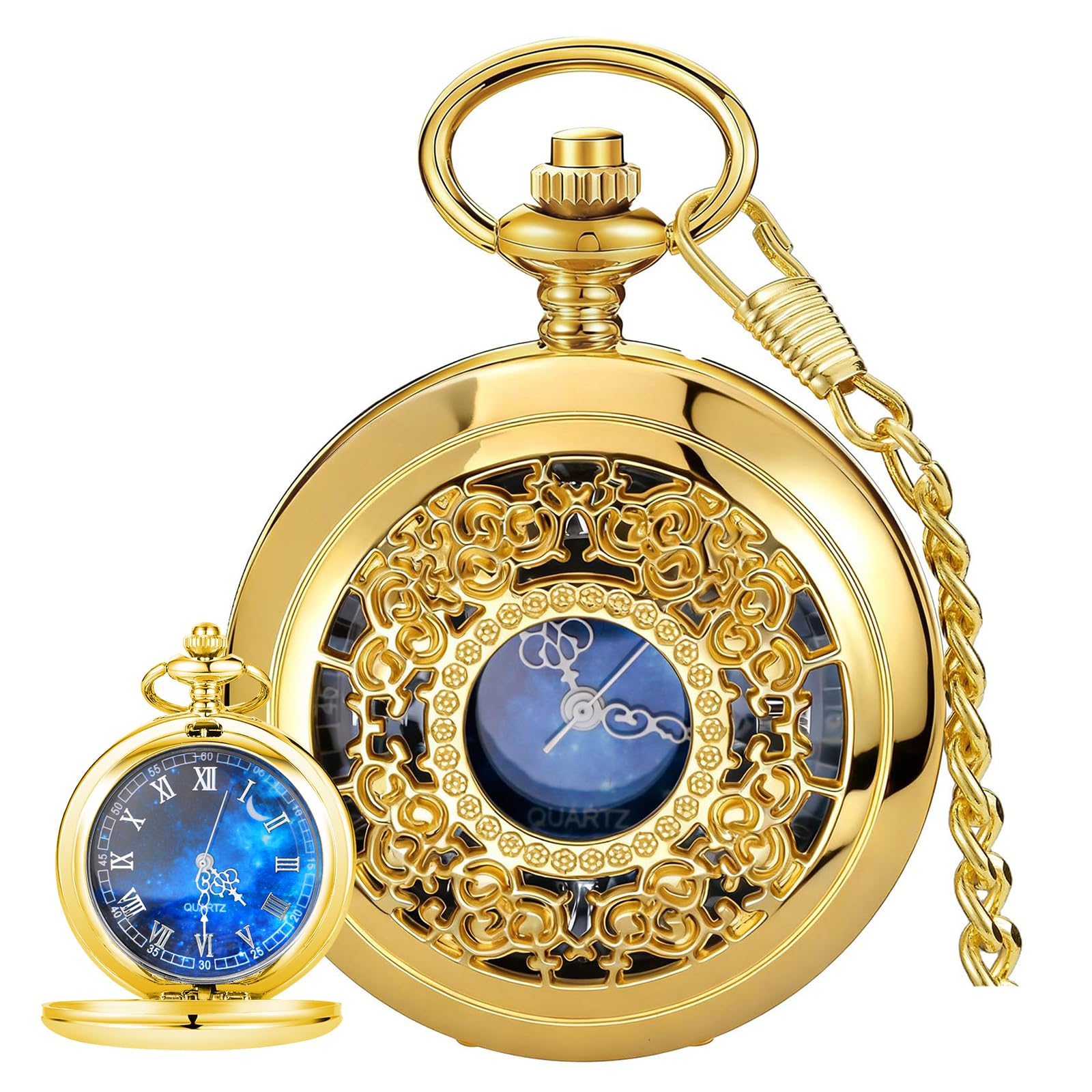 Photo 1 of Tiong Luxury Gold Pocket Watch Hollow Blue Star Roman Numerals Quartz Pocket Watches with Chain Christmas Graduation Birthday Gifts Fathers Day(24-Gold)