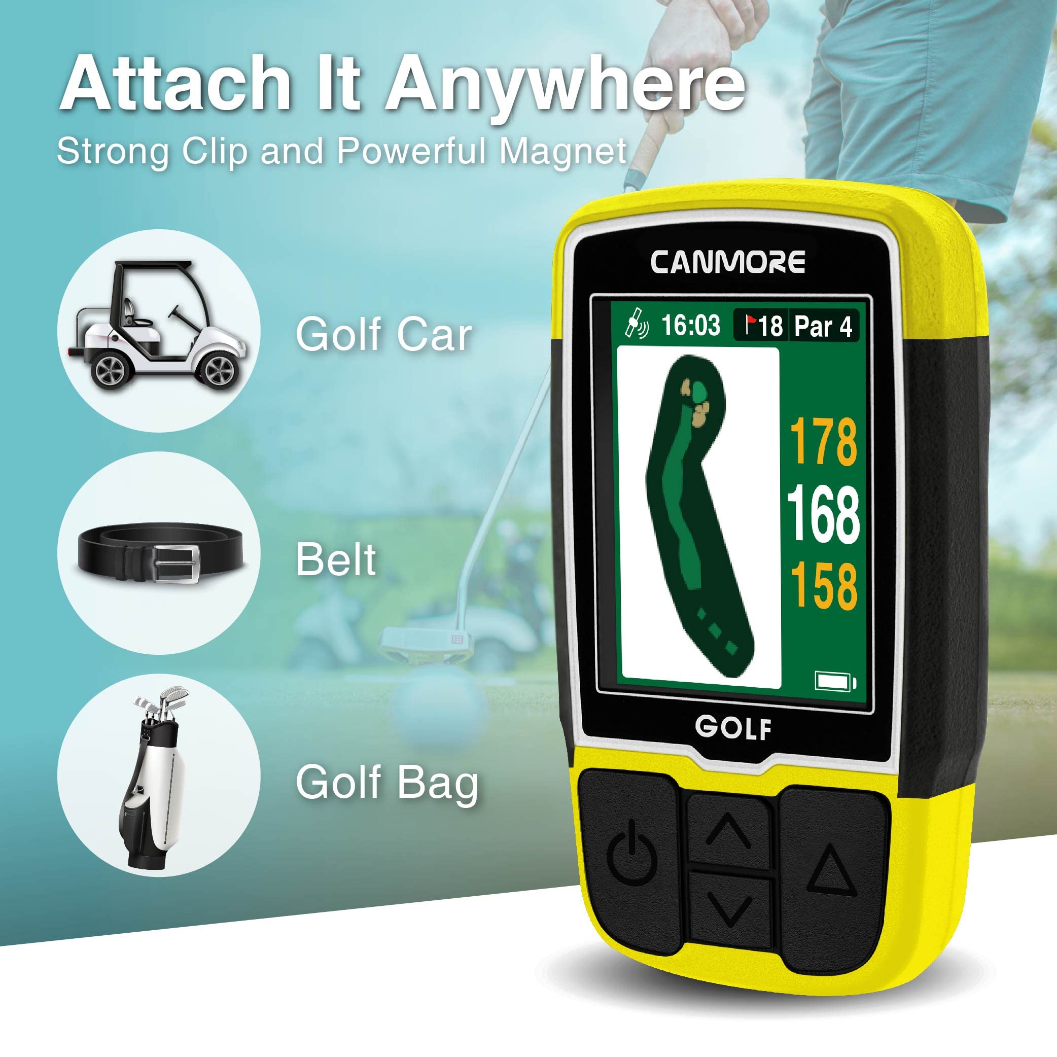 GPS da golf CANMORE HG200 Plus e custodia - Colori facili da leggere - Mappa precaricata di 41.000 campi da golf in tutto il mondo, forme di green e fairway - Resistente all'acqua
