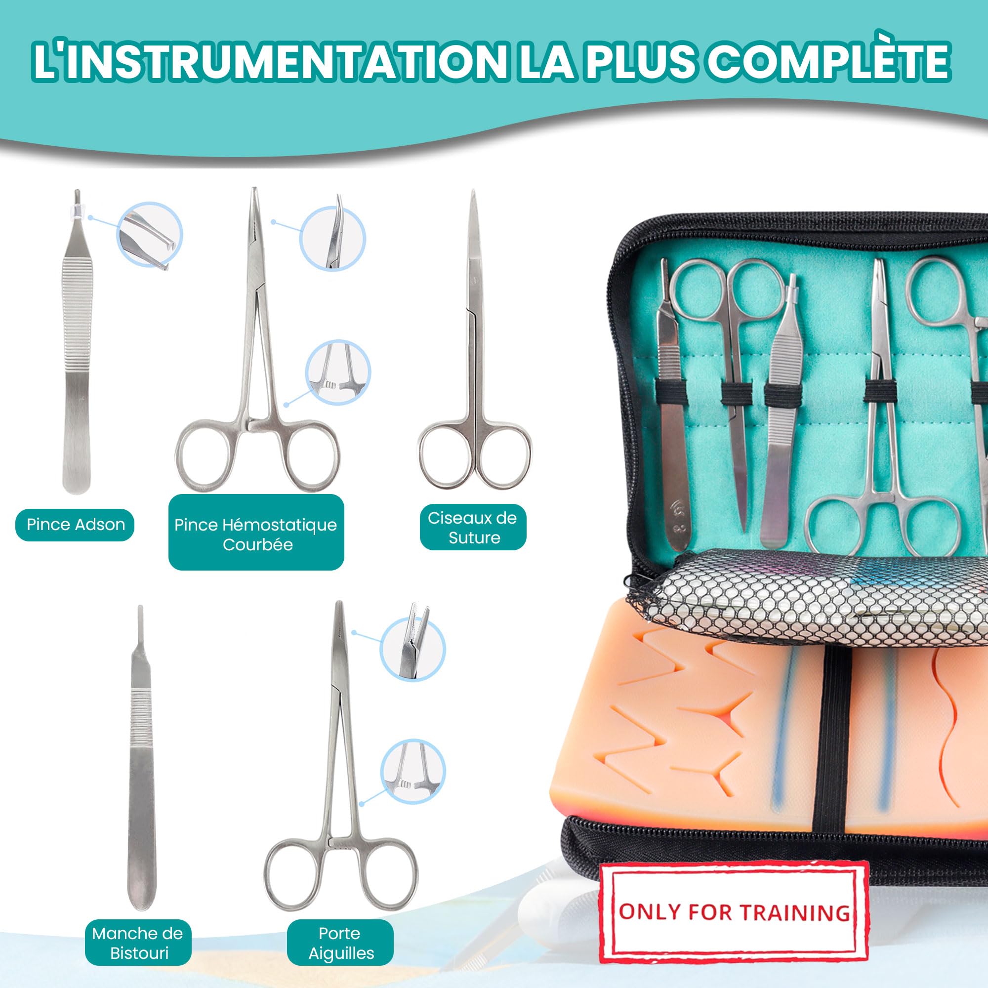Kit suture avec Coussin Réaliste à Veines - Kit de Suture pour pratiquer, kit de suture etudiant medecine avec e-learning, kit suture medecine pour Étudiants, cadeau étudiant médecine
