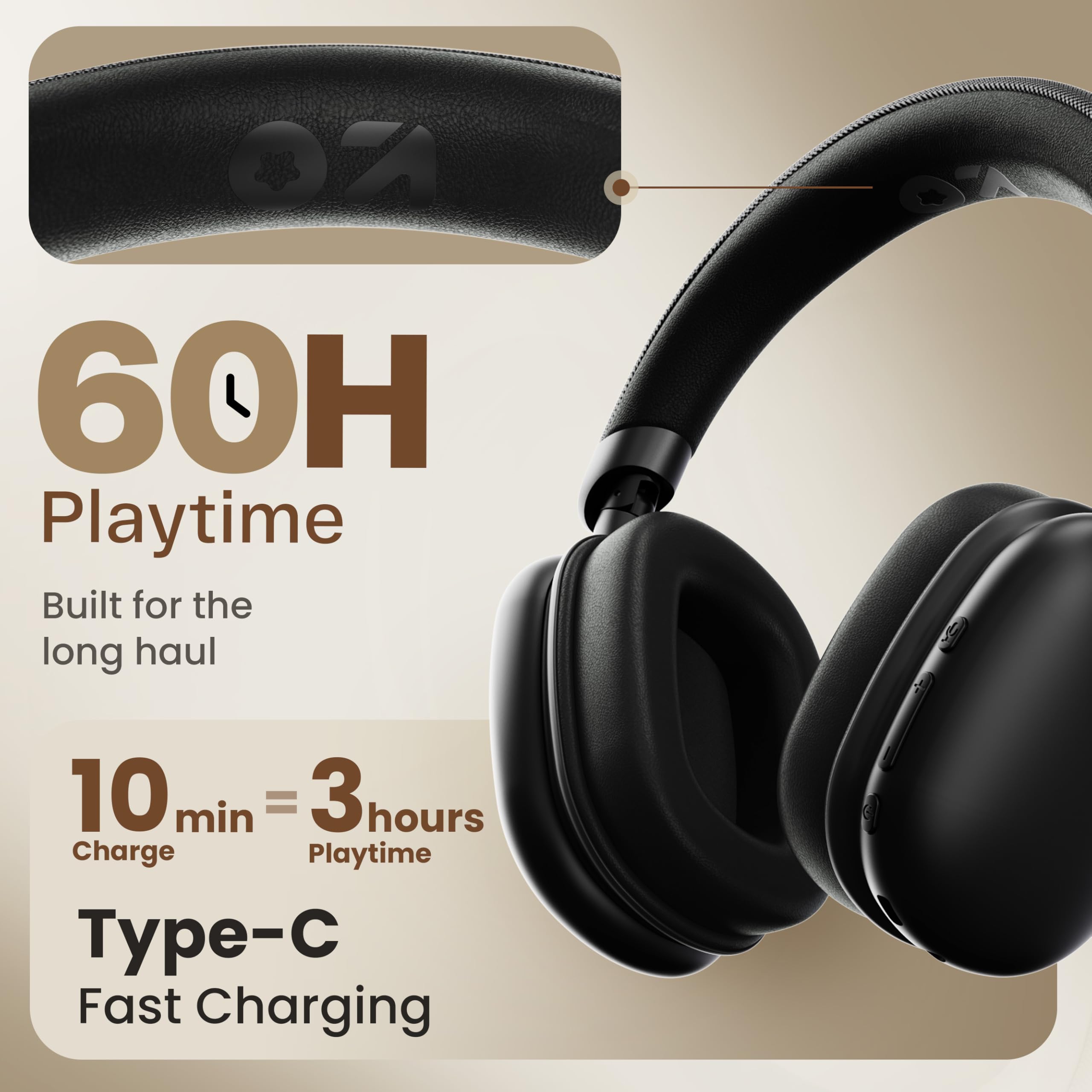 GOBOULT Fluid X Headphones Bluetooth Wireless with 60H Playtime, 40mm Drivers, Zen ENC Mic, Type-C Charging, Combat™ Gaming, BTv 5.4, Headphones Wireless with mic (Jet Black) — Amazon image 3