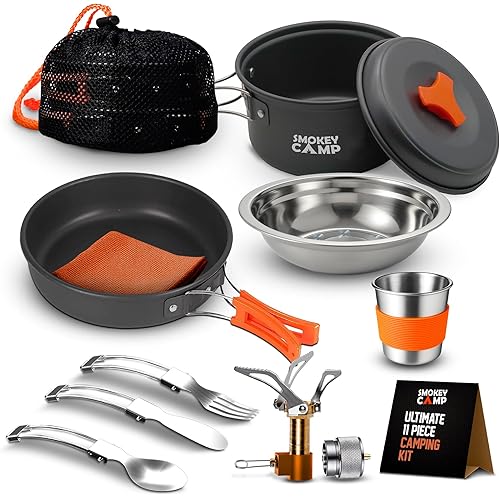 Camping Cookware Mess Kit Set with Stove - Backpacking Camping Pots and Pans Set, All in One Non-Stick Camping Cooking Set, Portable Stove, Hiking, Picnic, Outdoor & Camping Cookware Set