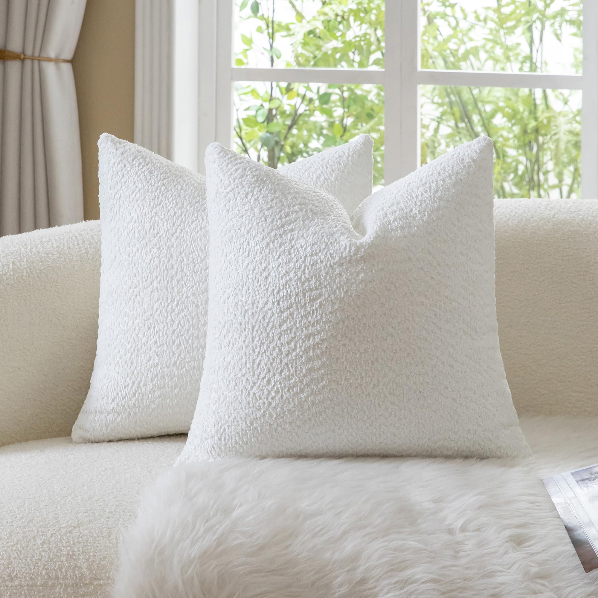 Neelvin Set of 2 Decorative Chenille Cushion Covers 26x26 Inch (65x65cm), Boucle Textured Soft Cozy Throw Pillow Covers for Couch, Living Room Sofa Bedroom Cream White