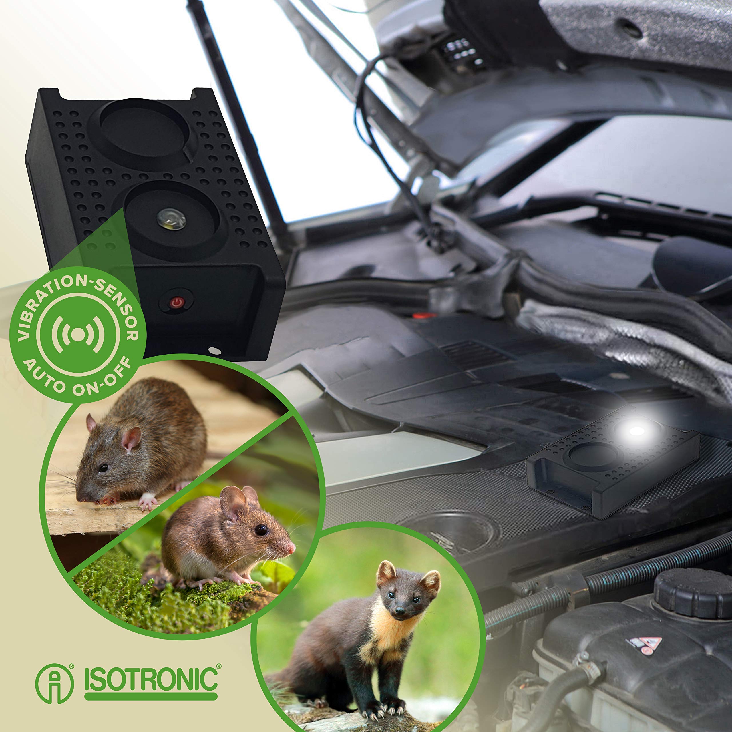 ISOTRONIC Bateryjny odstraszacz kun, myszy i szczurów – Ultradźwięki i światło LED – Do samochodu, domu, garażu i na strych – Ochrona przed popielicami (3 sztuki)