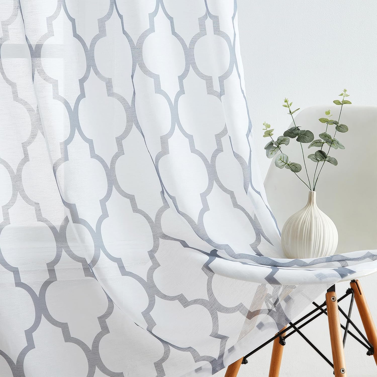 Metro Parlor Linen Semi Sheer Curtains 96 Inches Long 2 Panel for Living Room Bedroom Grey White Farmhouse Moroccan Pattern Printed Window Treatments Grommet Top Light Filtering Drapes 52x96,Sets of 2