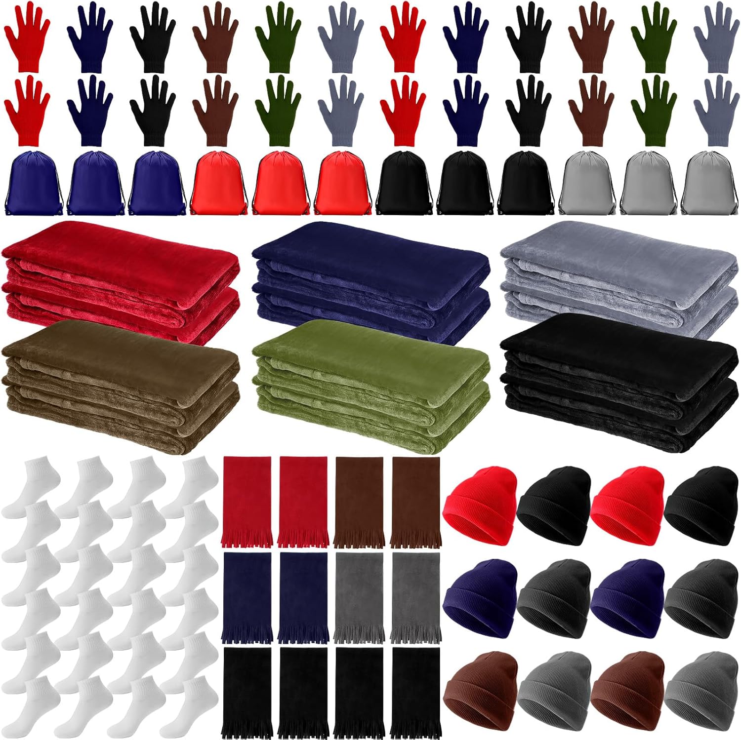 Suhine Homeless Care Package Supplies Bulk Blankets Winter Gloves Beanies Scarves Socks Drawstring Bags for Unisex Multicolor