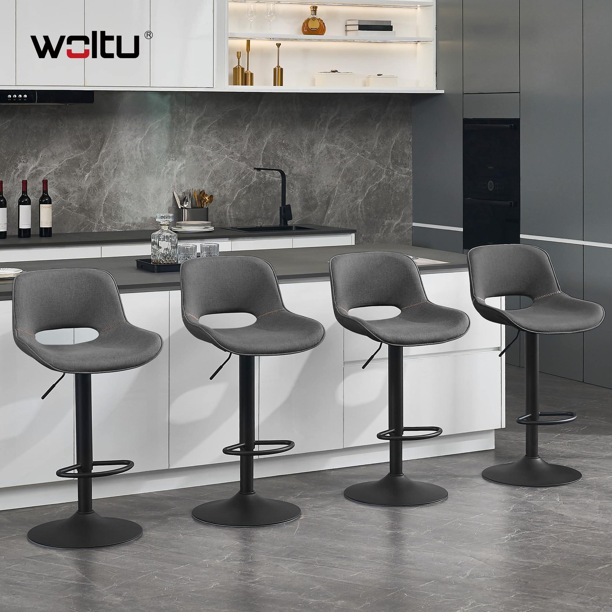 WOLTU Barhocker 2er Set, höhenverstellbar, mit Rückenlehne, Leinen, Grau | Barstuhl mit Fußstütze, Bar Hocker modern, Tresenhocker, Bistrostuhl, Drehhocker, Stuhl für Küche, Esszimmer