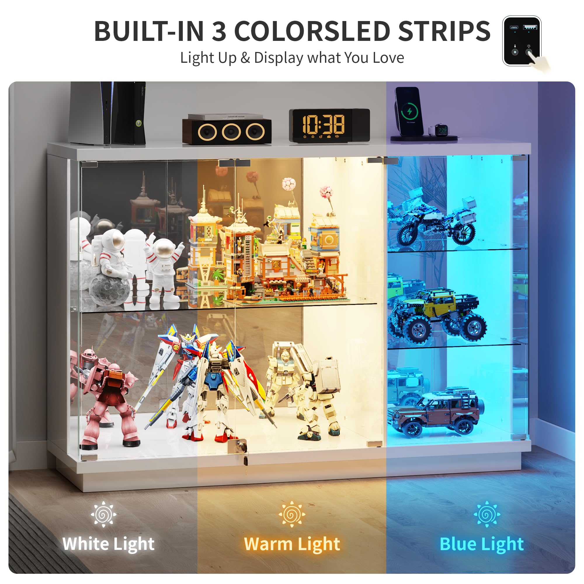 Vitrine mit LED Beleuchtung, Intelligente Sensorik für Wohnzimmer,Weiß | Vitrinenschrank mit Abschließbar Glastüren,Glasvitrine mit 3 Lagen Sammlervitrine für Schlafzimmer Büro,Studie
